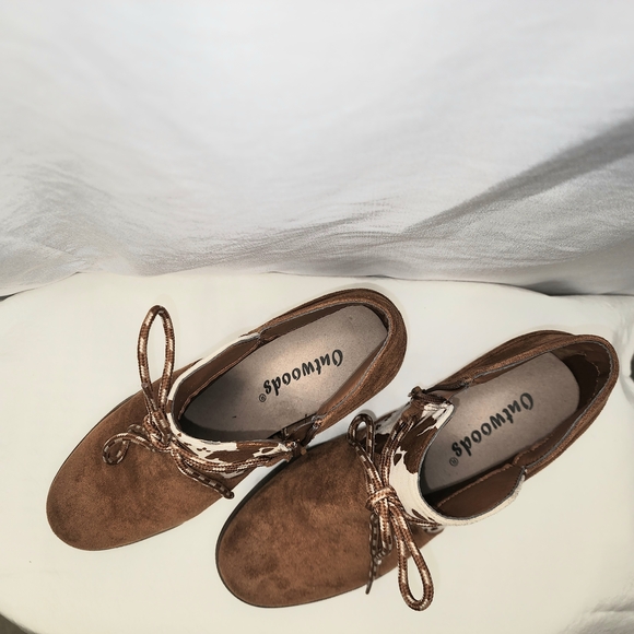 Western Faux Suede Brown and Cream Ankle Boots with Cow Print - Picture 2 of 11